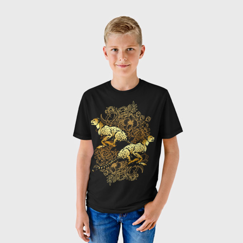 Детская футболка 3D с принтом Гепарды и золотые цветы, фото на моделе #1