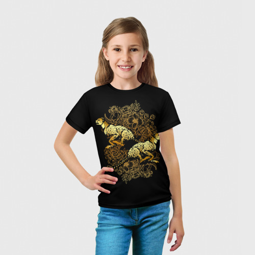 Детская футболка 3D с принтом Гепарды и золотые цветы, вид сбоку #3