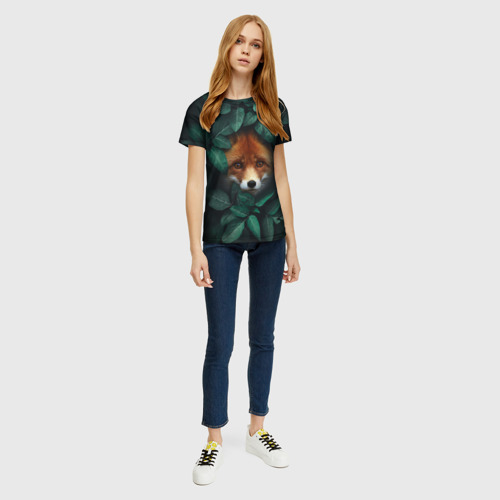 Женская футболка 3D с принтом Лис в листьях, вид сбоку #3