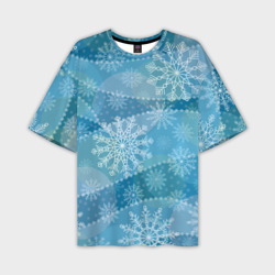 Мужская футболка oversize 3D Узор из снежинок на синем фоне