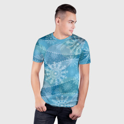 Мужская футболка 3D Slim Узор из снежинок на синем фоне - фото 2