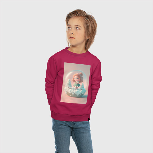 Детский свитшот хлопок с принтом Милая девочка-куколка с стеклянном Новогоднем шаре с снегом и елками, вид сбоку #3