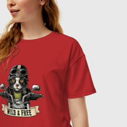 Женская футболка хлопок Oversize Кот байкер - фото 2