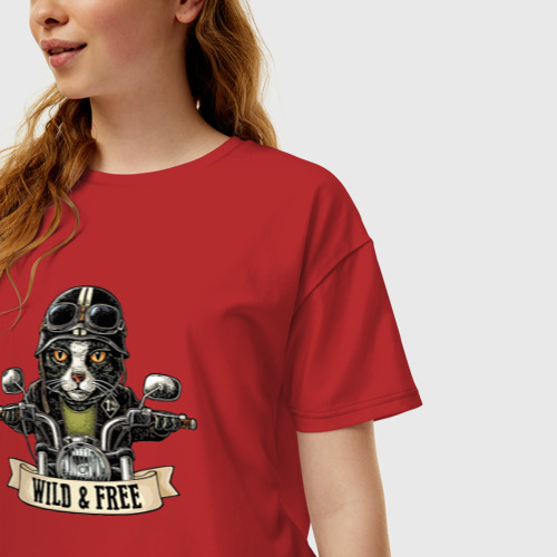 Женская футболка хлопок Oversize Кот байкер, цвет красный - фото 3