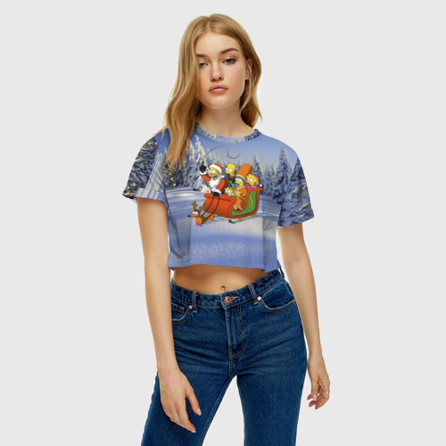 Женская футболка Crop-top 3D Семейка Симпсонов в новогодних санях, цвет 3D печать - фото 3