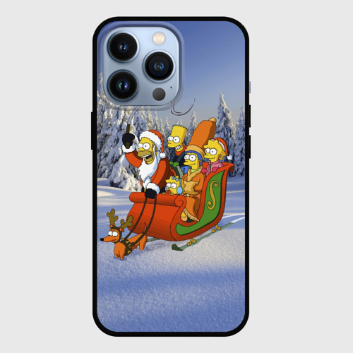 Чехол для iPhone 13 Pro с принтом Семейка Симпсонов в новогодних санях, вид спереди #2
