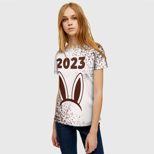 Женская футболка 3D с принтом Кролик НГ ушки на светлом, фото на моделе #1