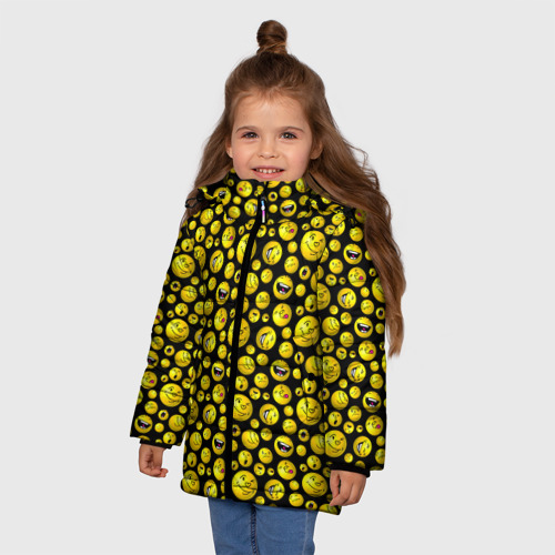 Зимняя куртка для девочек 3D Шарики эмодзи на черном, цвет черный - фото 3