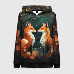 Женская толстовка 3D на молнии Две лисоньки в стиле Folk Art