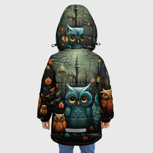 Зимняя куртка для девочек 3D Совы в стиле Folk Art, цвет черный - фото 4