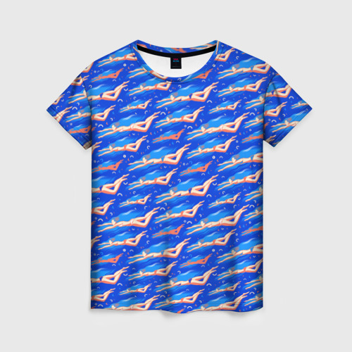Женская футболка 3D с принтом Плывущие девушки на синем, вид спереди #2
