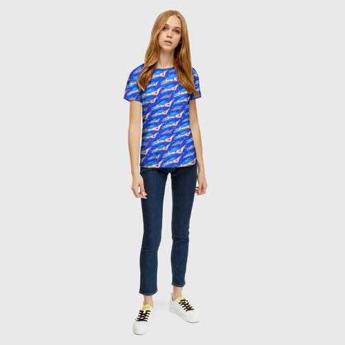 Женская футболка 3D с принтом Плывущие девушки на синем, вид сбоку #3