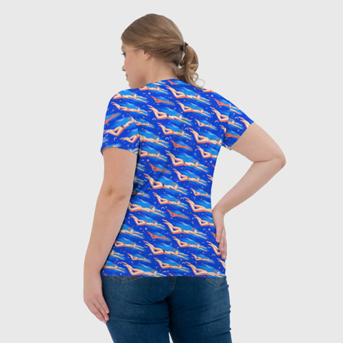 Женская футболка 3D с принтом Плывущие девушки на синем, вид сзади #2