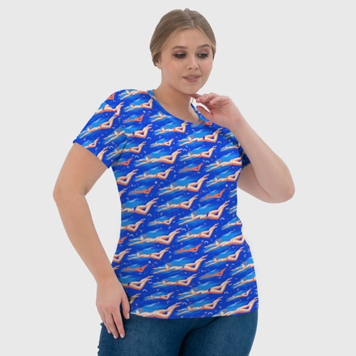 Женская футболка 3D с принтом Плывущие девушки на синем, фото #4