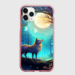 Чехол для iPhone 11 Pro Max матовый Волк в ночном лесу в folk art стиле