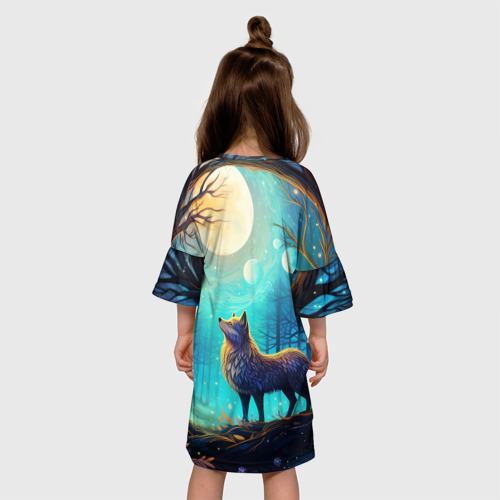Детское платье 3D Волк в ночном лесу в folk art стиле, цвет 3D печать - фото 5