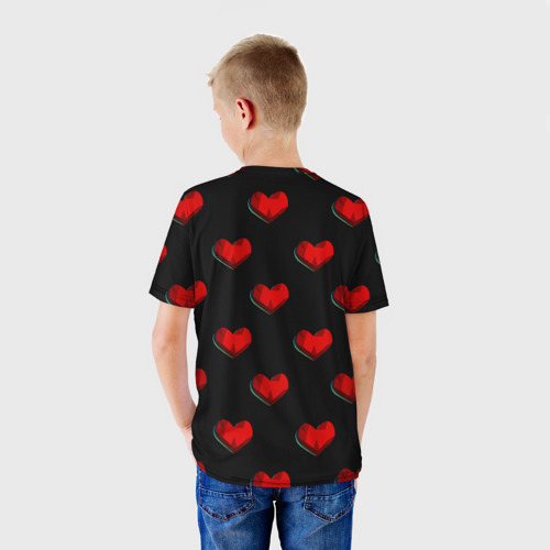 Детская футболка 3D Красные сердца полигоны, цвет 3D печать - фото 4