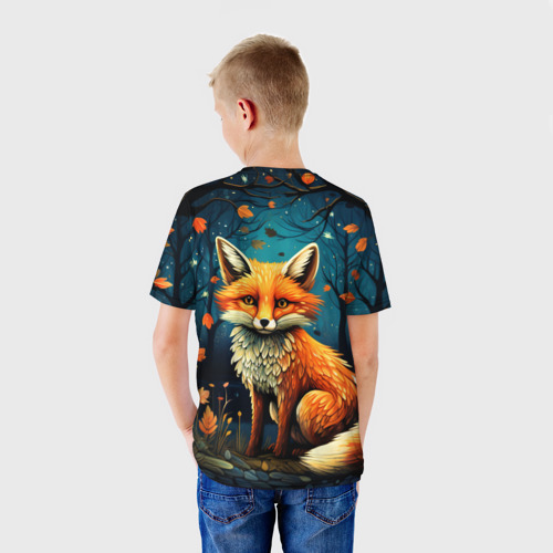 Детская футболка 3D с принтом Лиса в Folk Art стиле, вид сзади #2