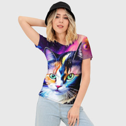 Женская футболка 3D Slim Живописный космический портрет трехцветной кошки - фото 2