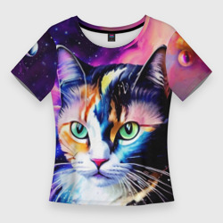 Женская футболка 3D Slim Живописный космический портрет трехцветной кошки