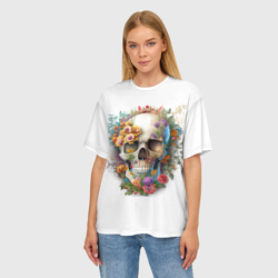 Женская футболка oversize 3D Череп украшенный растениями и цветами - фото 2