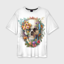 Женская футболка oversize 3D Череп украшенный растениями и цветами
