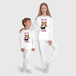 Пижама с принтом Коты любят цветы для ребенка, вид на модели спереди №5. Цвет основы: белый