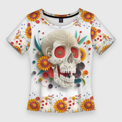 Череп украшенный растениями и цветами в стиле квиллинга – Женская футболка 3D Slim с принтом купить