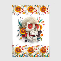 Череп украшенный растениями и цветами в стиле квиллинга – Постер с принтом купить