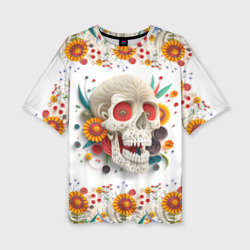 Череп украшенный растениями и цветами в стиле квиллинга – Женская футболка oversize 3D с принтом купить со скидкой в -50%