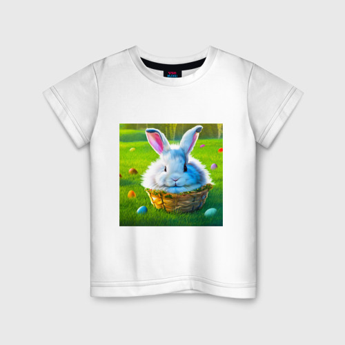Детская футболка из хлопка с принтом Милый кролик в корзинке, вид спереди №1