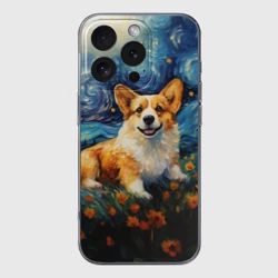 Чехол для iPhone 16 Pro Max силиконовый с защитой камеры Корги в стиле Ван Гога