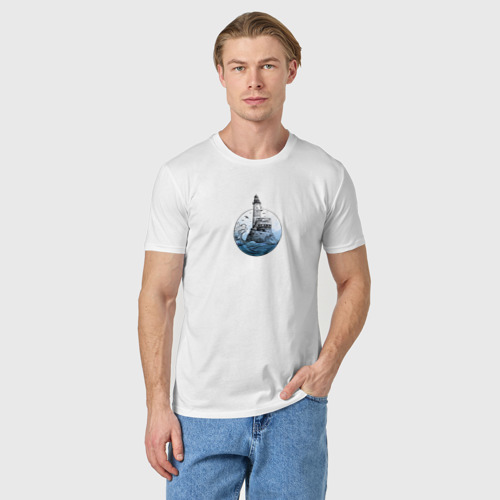 Мужская футболка хлопок с принтом Одинокий маяк, фото на моделе #1