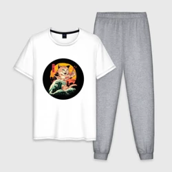 Мужская пижама с белой футболкой хлопок Большой японский кот с суши