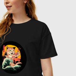 Женская футболка хлопок Oversize Большой японский кот с суши - фото 2