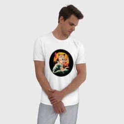 Мужская пижама с белой футболкой хлопок Большой японский кот с суши - фото 2