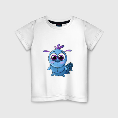 Детская футболка из хлопка с принтом Милая голубая гусеница, вид спереди №1