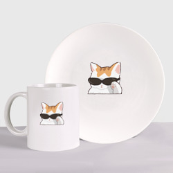 Набор: тарелка + кружка Бело-рыжая кошечка в очках