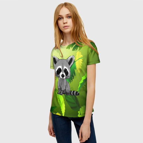 Женская футболка 3D Енот на фоне зеленой листвы, цвет 3D печать - фото 3