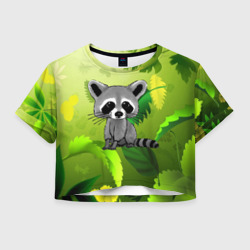 Енот на фоне зеленой листвы – Женская футболка Crop-top 3D с принтом купить