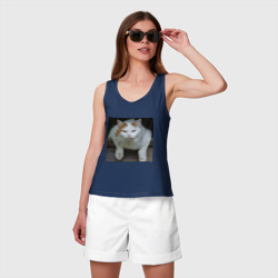 Майка с принтом Борзый котик для женщины, вид на модели спереди №2. Цвет основы: темно-синий