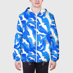 Куртка с принтом Летящие чайки в небе для мужчины, вид на модели спереди №3. Цвет основы: белый