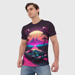 Мужская футболка 3D Synthwave car and mountains - фото 2