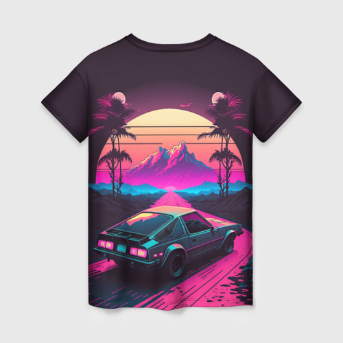 Женская футболка 3D с принтом Synthwave car and mountains, вид сзади #1
