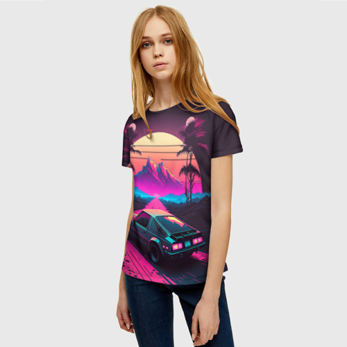 Женская футболка 3D с принтом Synthwave car and mountains, фото на моделе #1