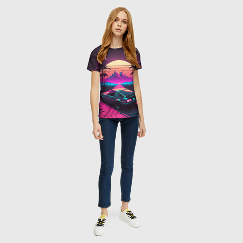 Женская футболка 3D с принтом Synthwave car and mountains, вид сбоку #3