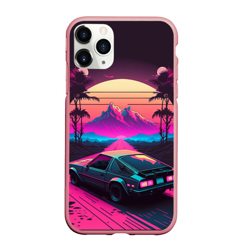 Чехол для iPhone 11 Pro Max матовый с принтом Synthwave car and mountains, вид спереди #2