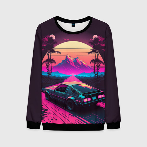 Мужской свитшот 3D Synthwave car and mountains, цвет черный