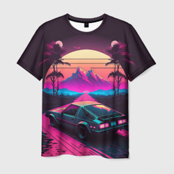 Мужская футболка 3D Synthwave car and mountains