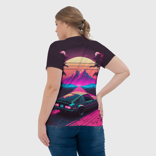 Женская футболка 3D с принтом Synthwave car and mountains, вид сзади #2